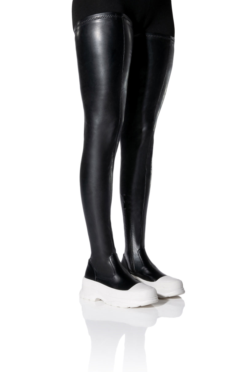 Front View Azalea Wang Oh My Love Faux Leather Thigh High Flatform Sneaker Boot In Black