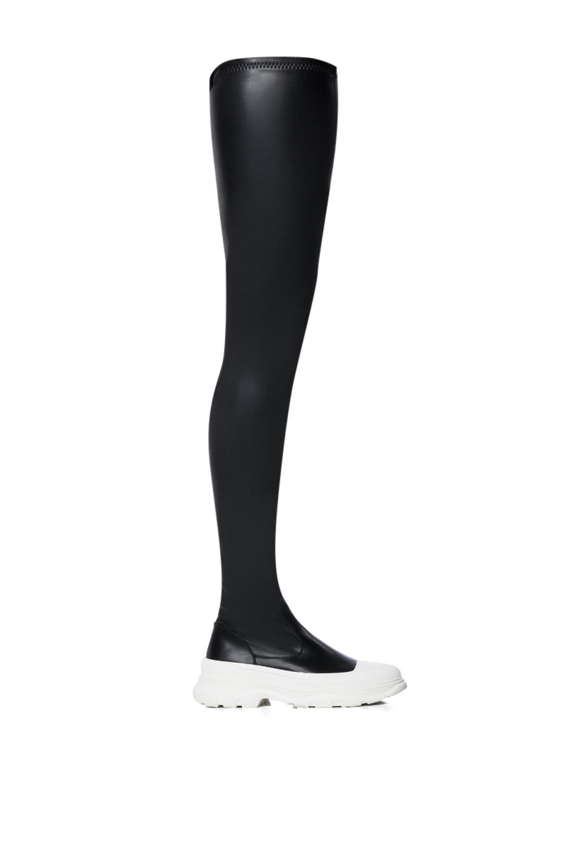 Side View Azalea Wang Oh My Love Faux Leather Thigh High Flatform Sneaker Boot With 4 Way Stretch In Black