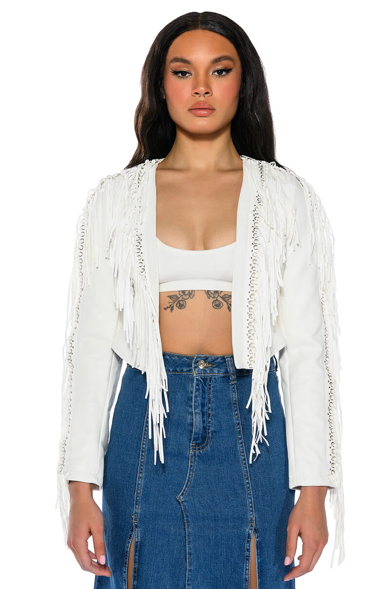 Front View Azalea Wang Olivier Fringe Jacket In White