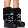 Front View Azalea Wang Olwen Black Fuzzy Moon Boot With Sparkle Laces