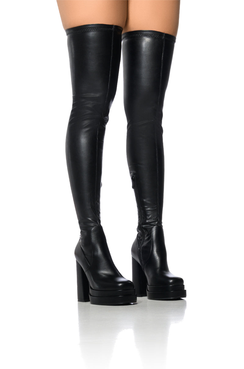 Front View Azalea Wang On My Way Thigh High Platform Boot With 4 Way Stretch In Black