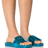 Front View Azalea Wang On The Move Metallic Sandal With Buckle In Blue