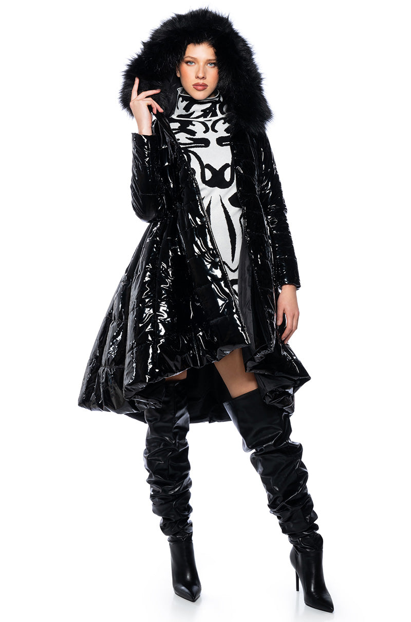 Front View Azalea Wang On The Town Patent Peplum Puffer