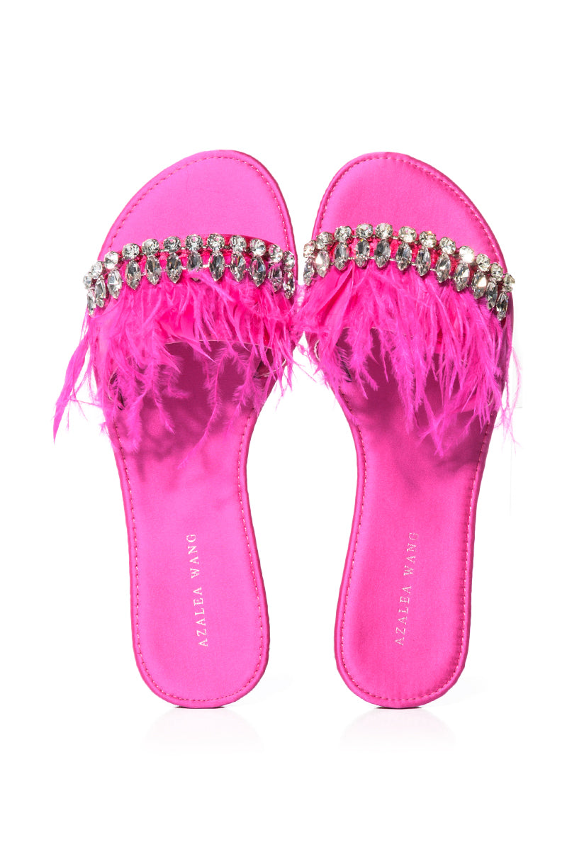 Side View Azalea Wang Ontario Embellished Feather Flat Sandal In Fuchsia