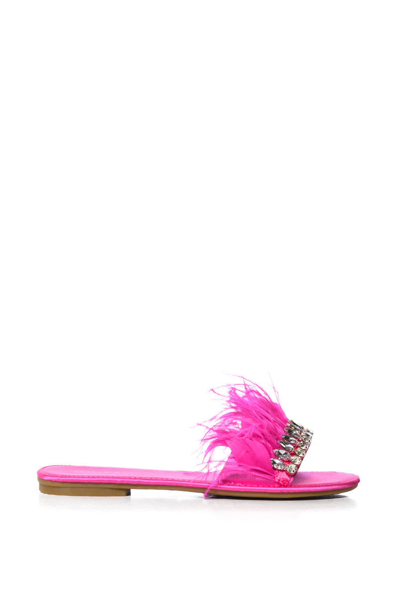 Back View Azalea Wang Ontario Embellished Feather Flat Sandal In Fuchsia