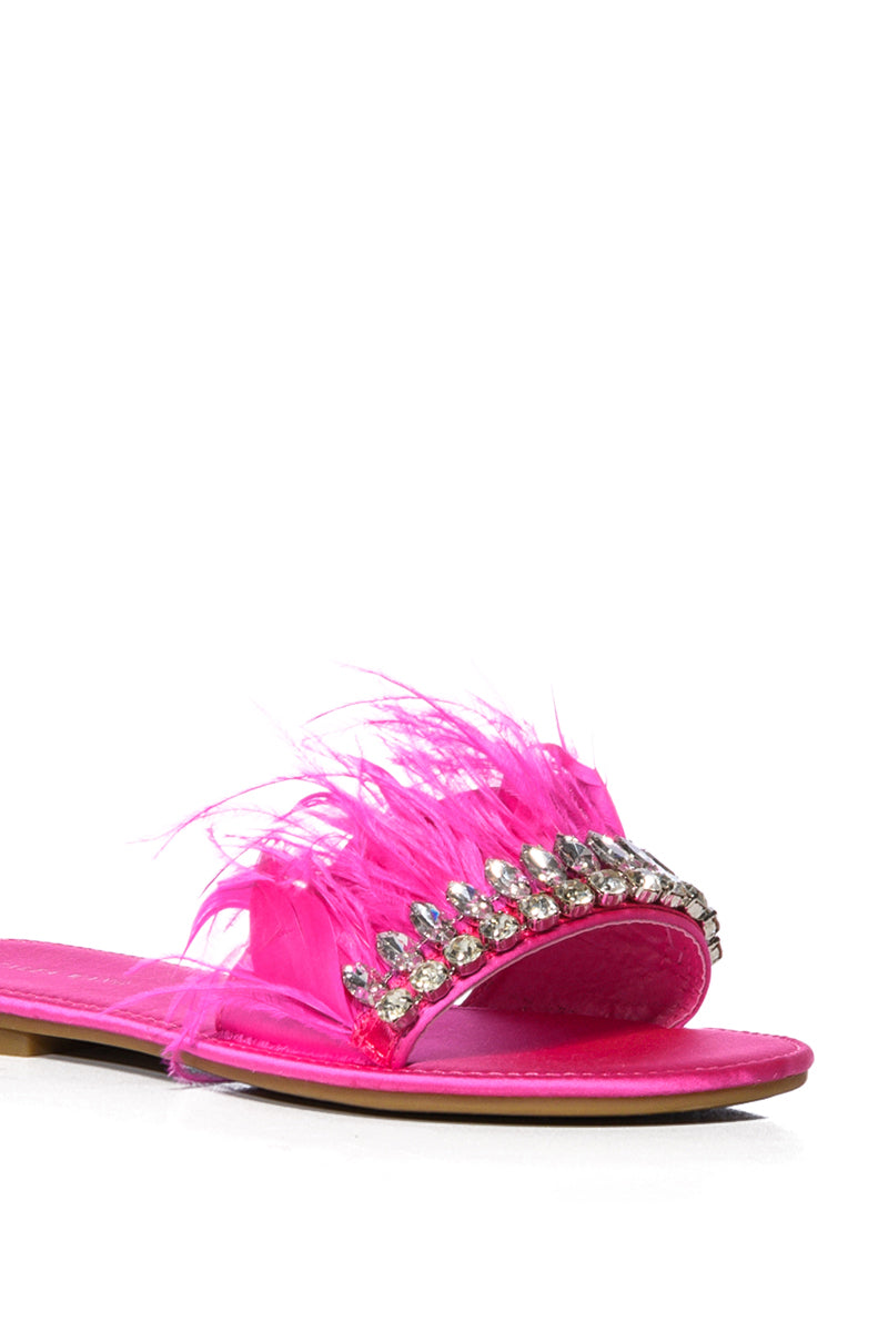 Extra View Azalea Wang Ontario Embellished Feather Flat Sandal In Fuchsia