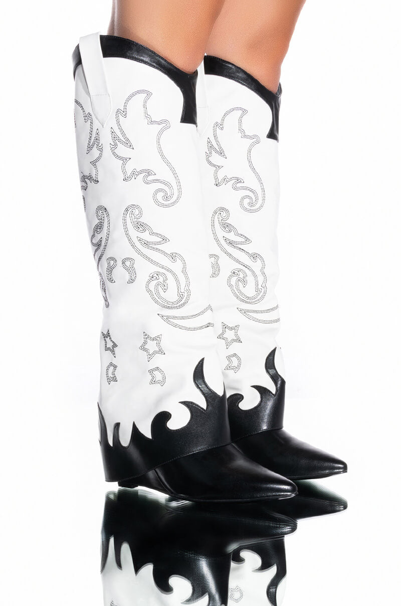 Front View Azalea Wang Outland Western Wedge Boot In Black White