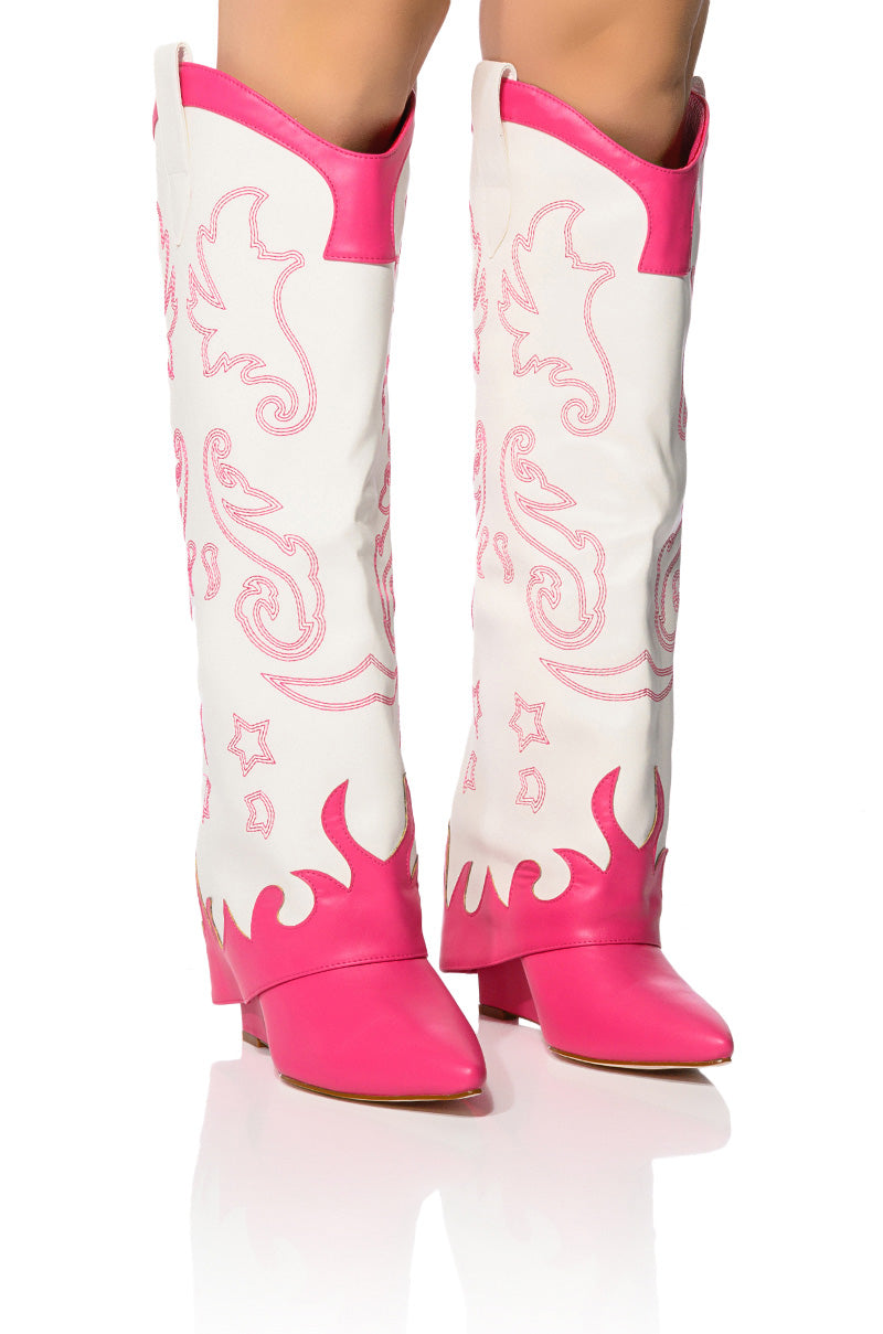 Front View Azalea Wang Outland Western Wedge Boot In Fuchsia White