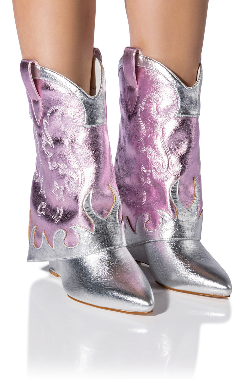Front View Azalea Wang Party In The Usa Fold Over Western Boot In Metallic