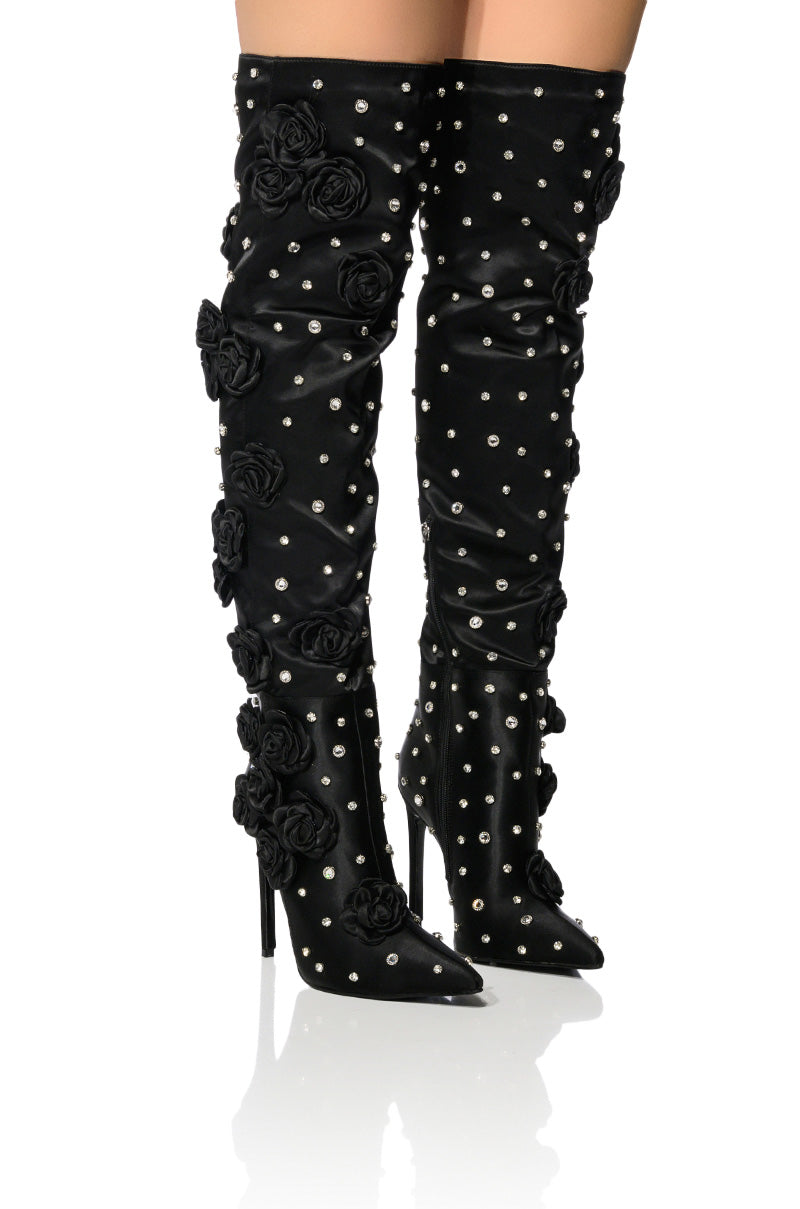 Front View Azalea Wang Patti Embellished Satin Boot In Black