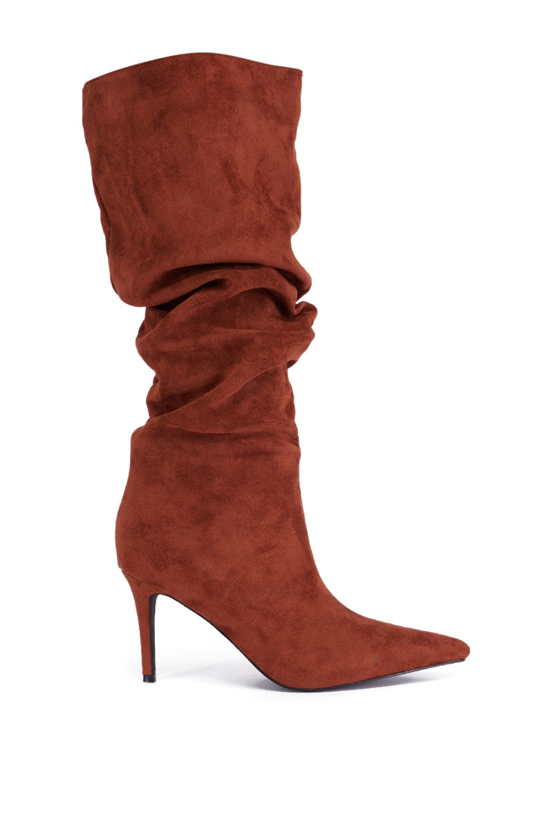 Side View Azalea Wang Pavetta Brown Faux Suede Slouch Boot