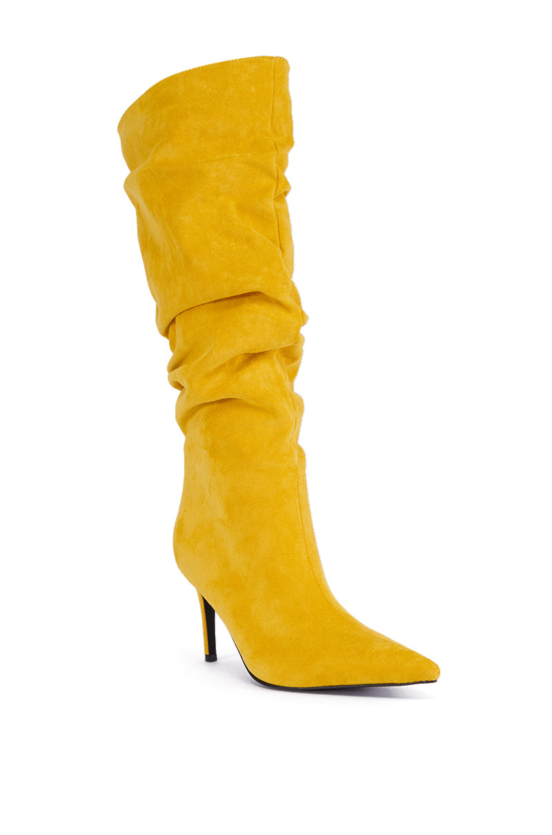 Back View Azalea Wang Pavetta Yellow Faux Suede Slouch Boot