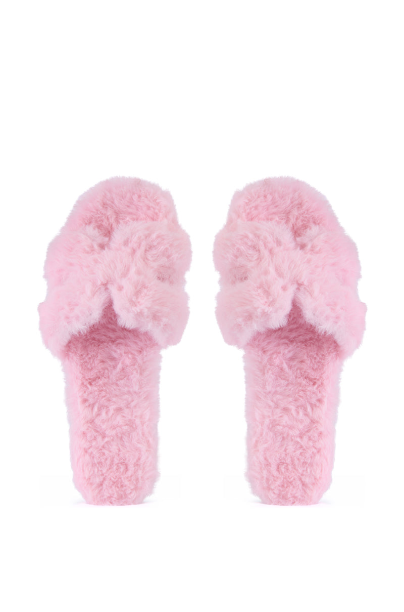 Back View Azalea Wang Peabody Pink Fuzzy Slip On Sandal