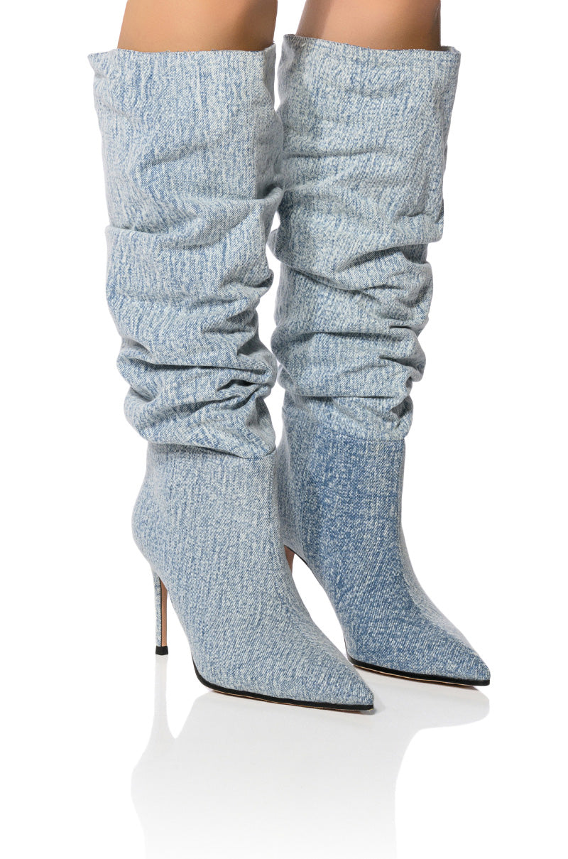 Front View Azalea Wang Pentagon Denim Slouch Boot