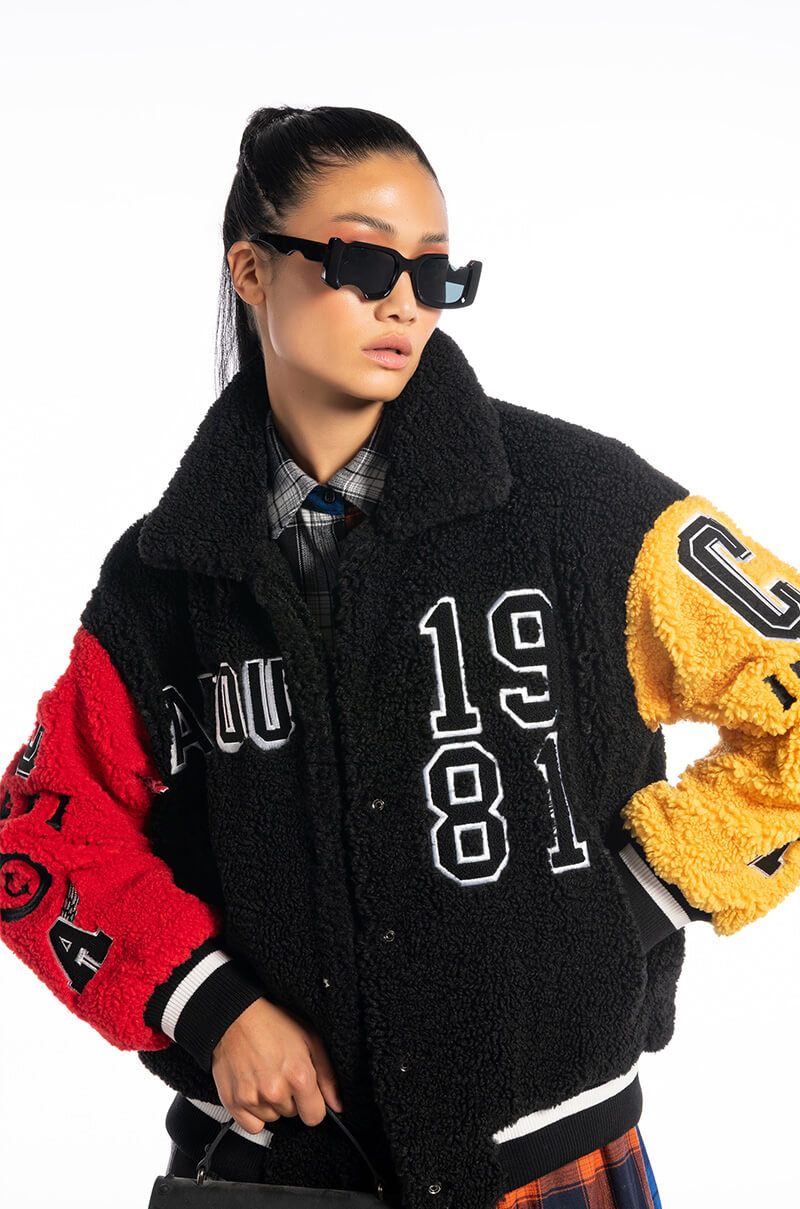 Front View Azalea Wang Pick A Vowel Oversized Teddy Varsity Jacket In Multi