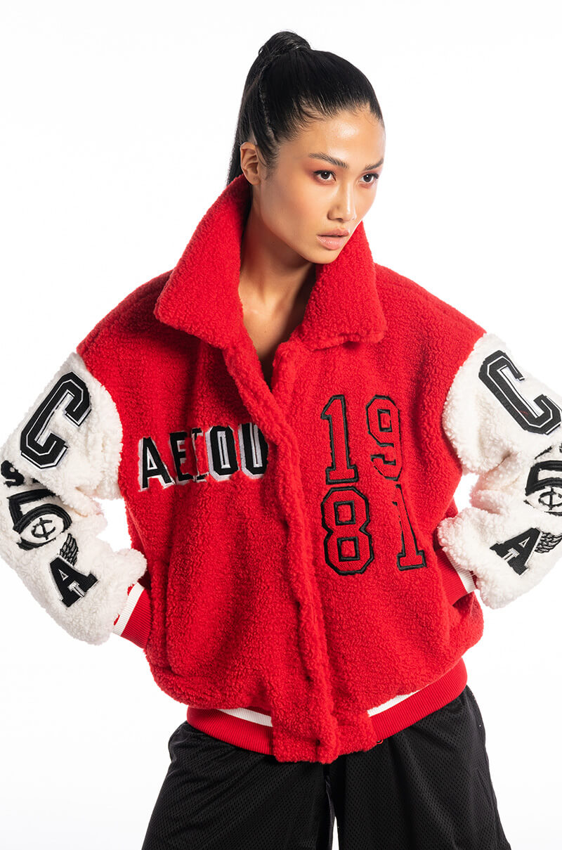 Front View Azalea Wang Pick A Vowel Oversized Teddy Varsity Jacket