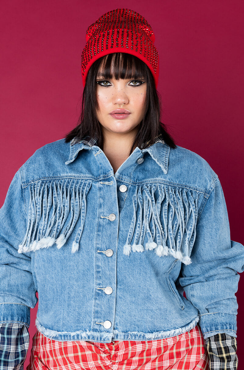 Front View Azalea Wang Plus A Little Bit Country Denim Fringe Jacket