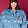 Front View Azalea Wang Plus A Little Bit Country Denim Fringe Jacket