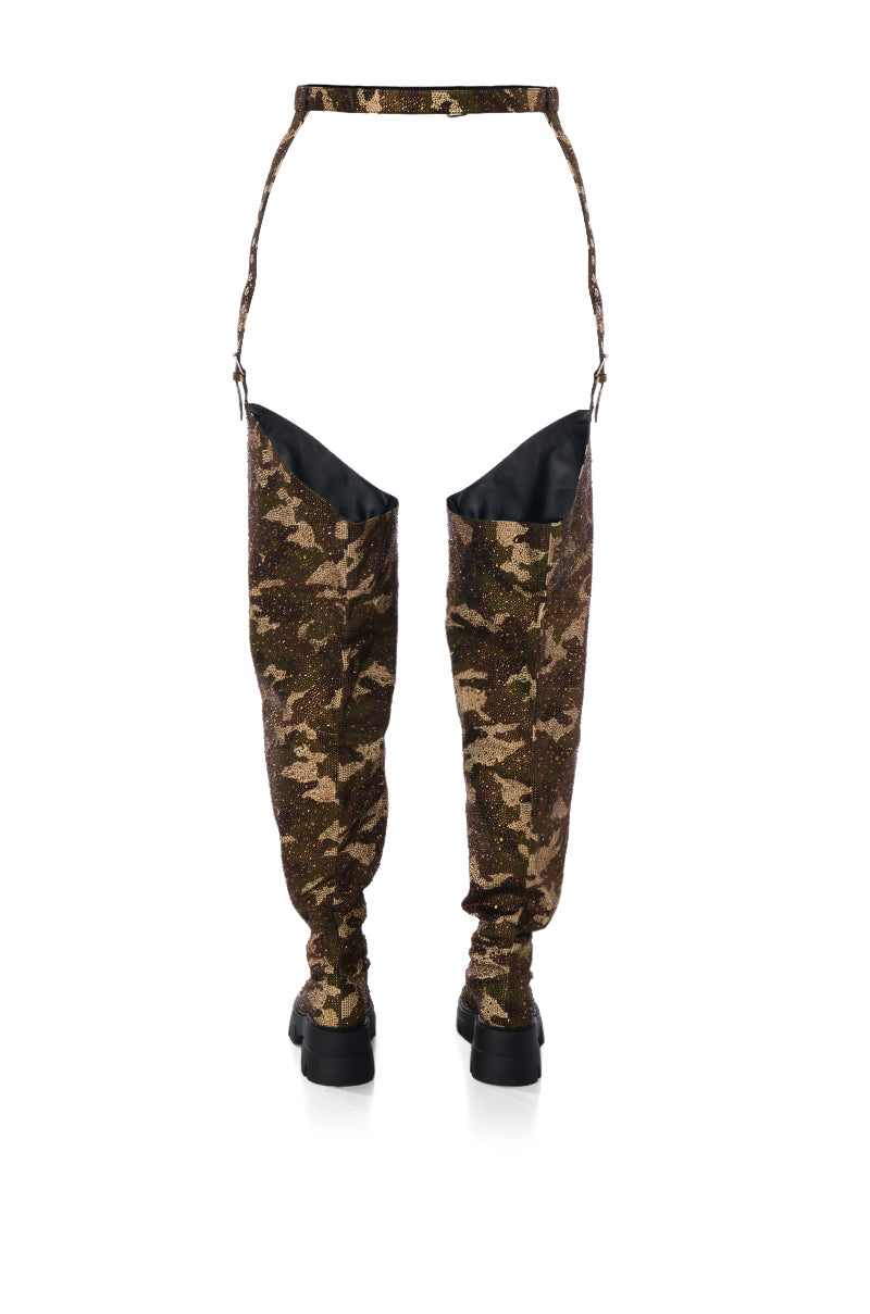 Full View Azalea Wang Pop Out Rhinestone Camo Flatform Chap Boot