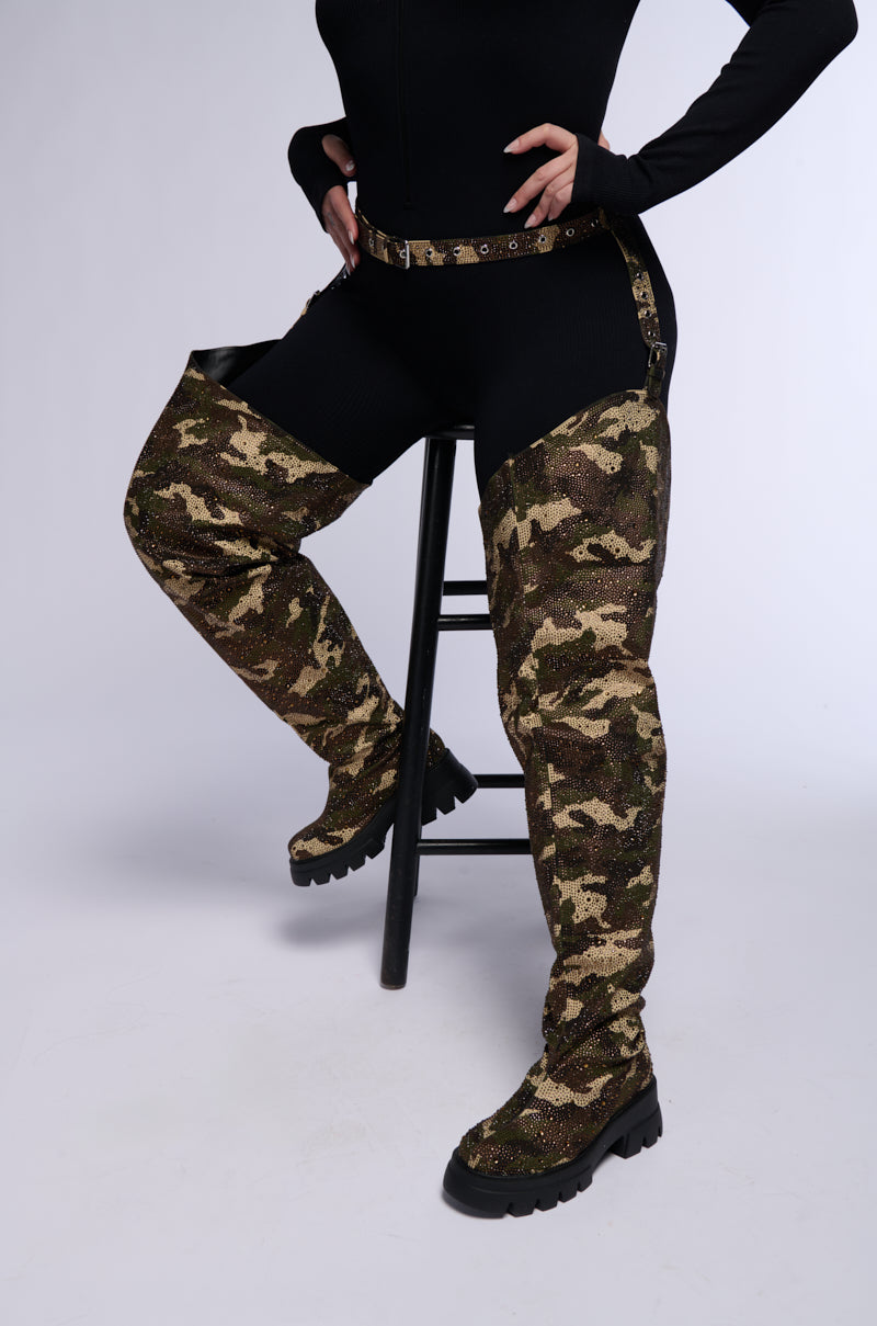Extra View Azalea Wang Pop Out Rhinestone Camo Flatform Chap Boot