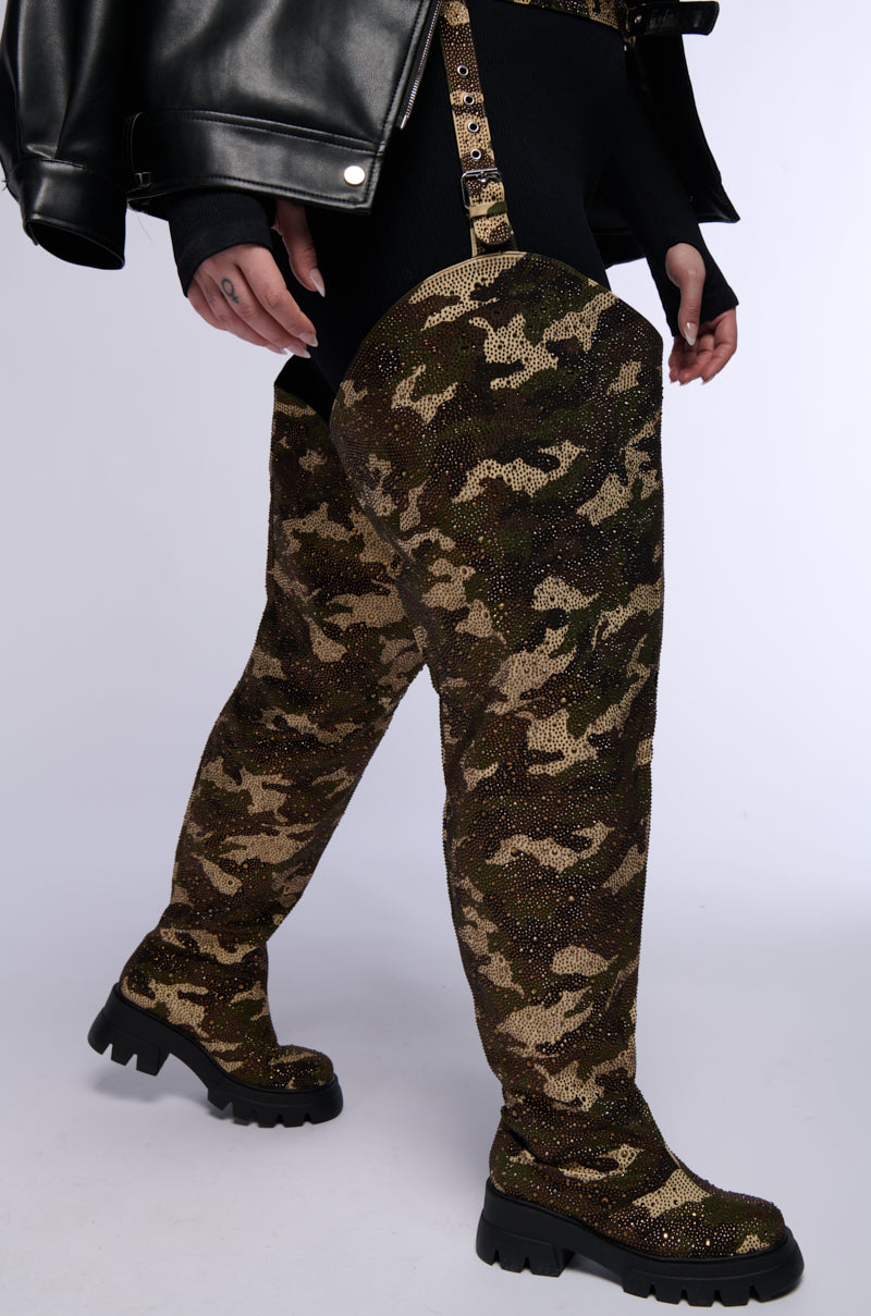 Extra View Azalea Wang Pop Out Rhinestone Camo Flatform Chap Boot