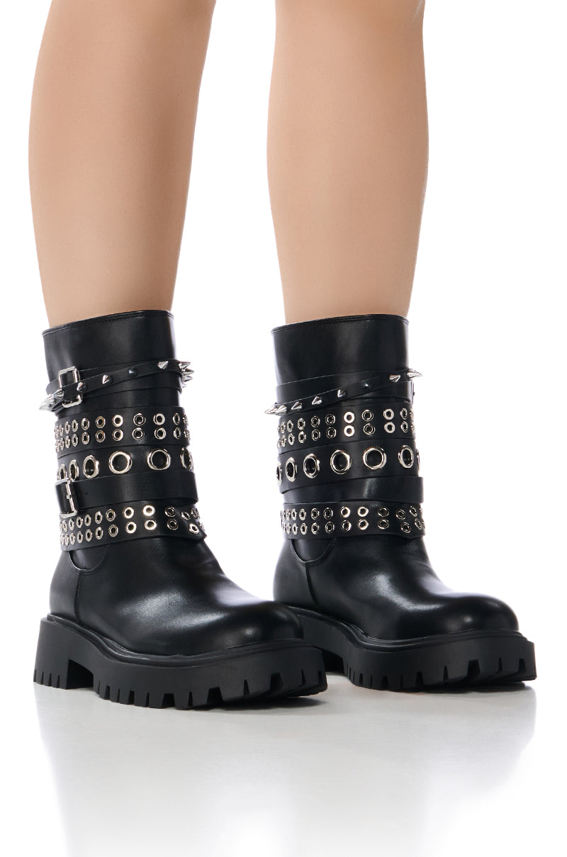 Front View Azalea Wang Precision Black Hardware Embellished Bootie