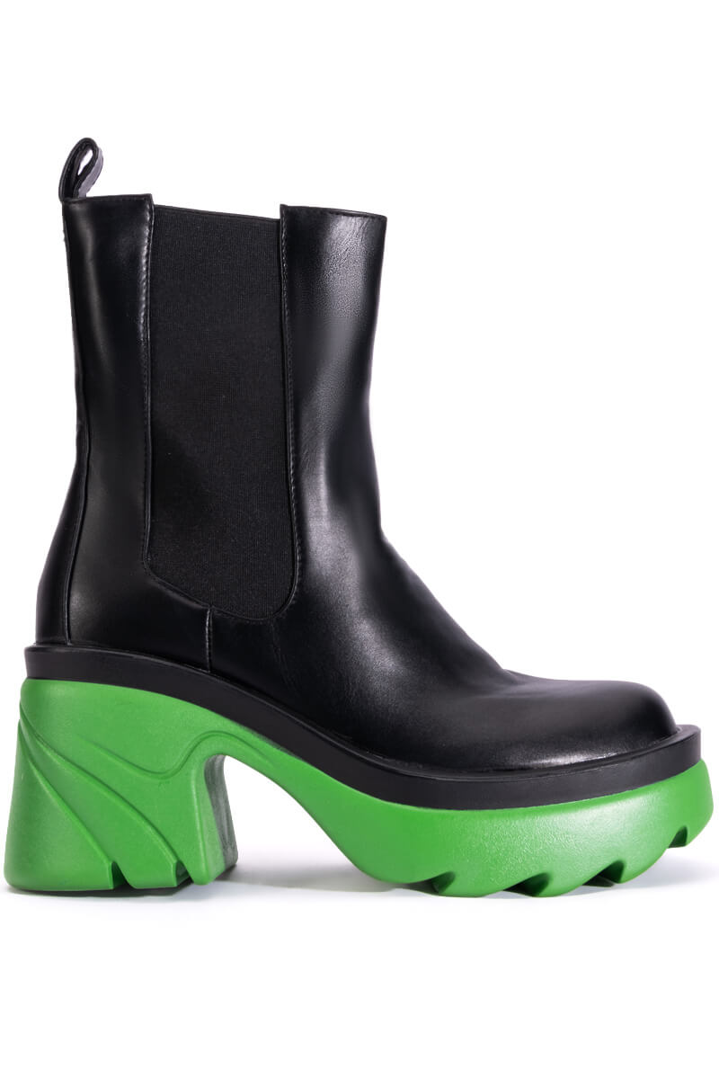 Side View Azalea Wang Primrose Green Sole Chunky Boots In Black