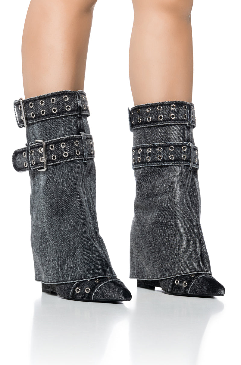 Front View Azalea Wang Qistina Black Denim Bootie