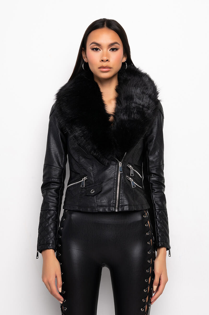 Detail View Azalea Wang Reach For More Faux Fur Collared Moto Jacket