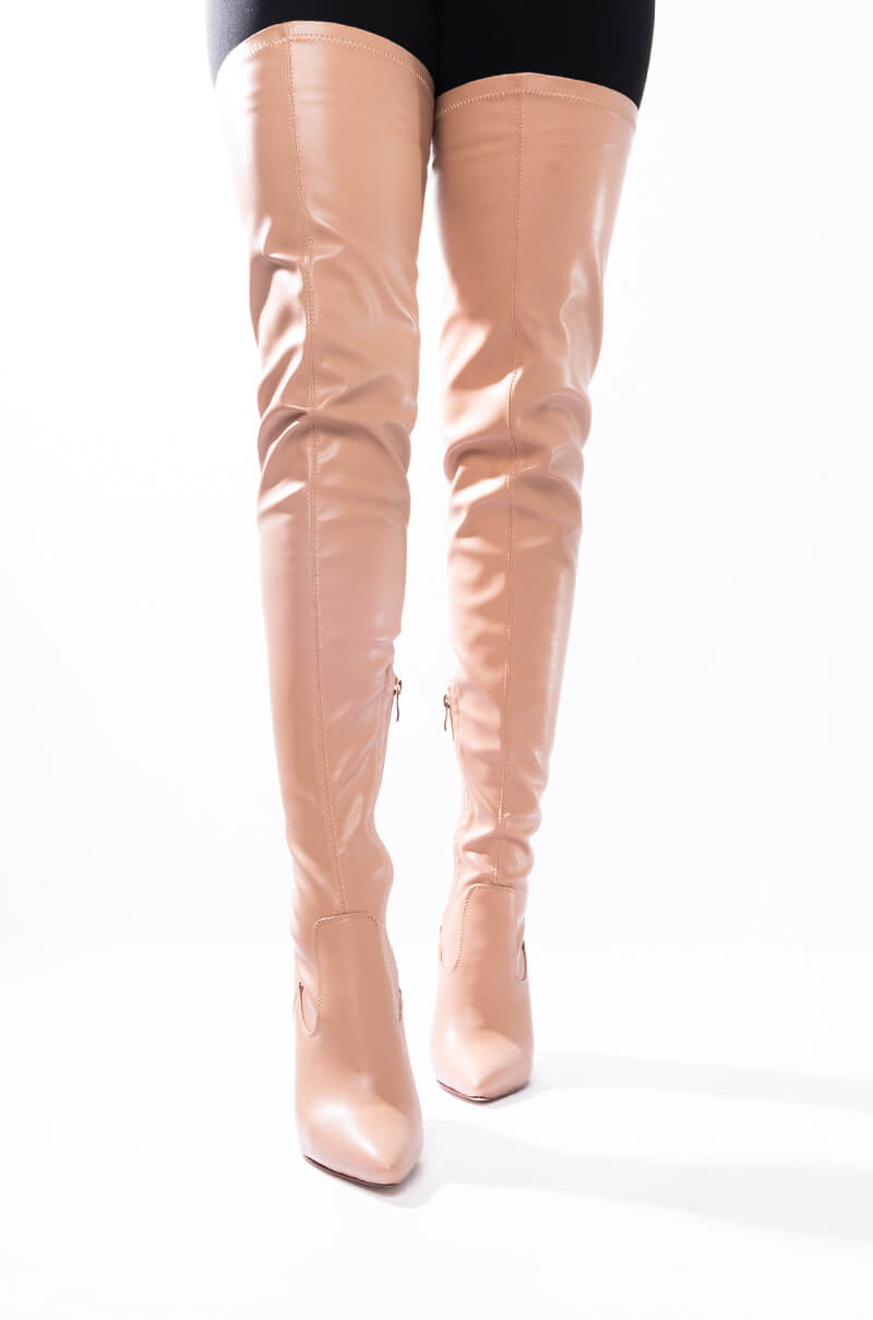 Back View Azalea Wang Ready Or Not Thigh High Stiletto Boot In Nude in Nude