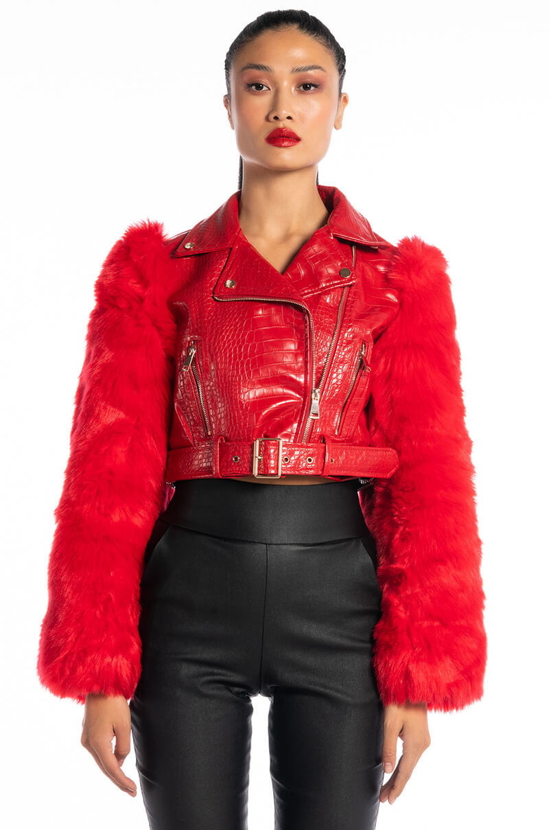 Extra View Azalea Wang Red Nolla Faux Fur Arms Croc Moto Jacket