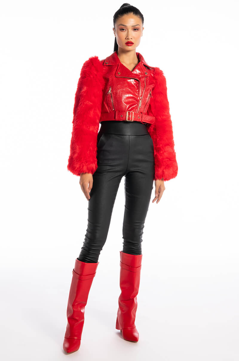 Extra View Azalea Wang Red Nolla Faux Fur Arms Croc Moto Jacket