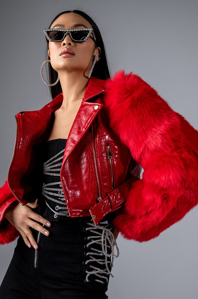 AZALEA WANG RED NOLLA FAUX FUR ARMS CROC MOTO JACKET view 0