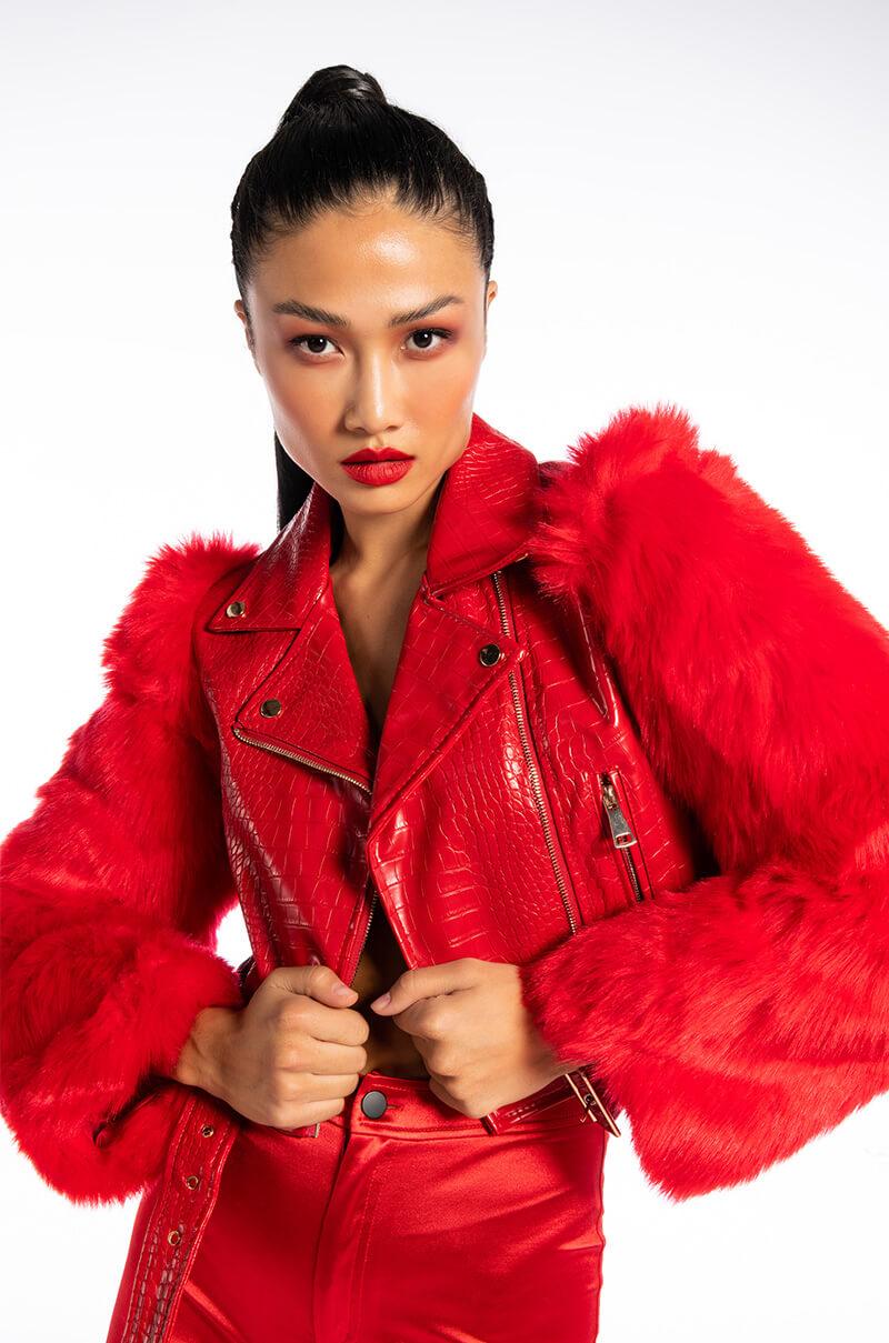 Front View Azalea Wang Red Nolla Faux Fur Arms Croc Moto Jacket