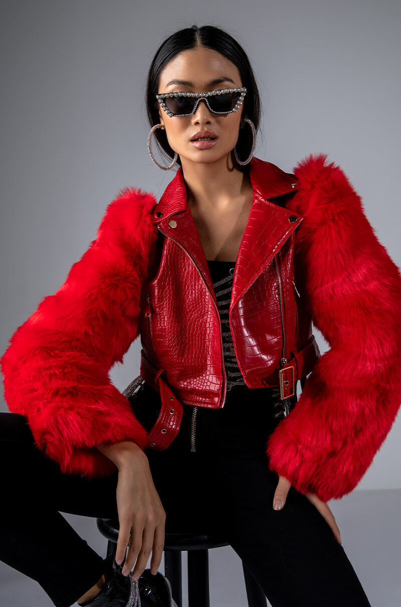 Side View Azalea Wang Red Nolla Faux Fur Arms Croc Moto Jacket