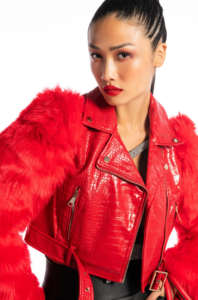 Back View Azalea Wang Red Nolla Faux Fur Arms Croc Moto Jacket