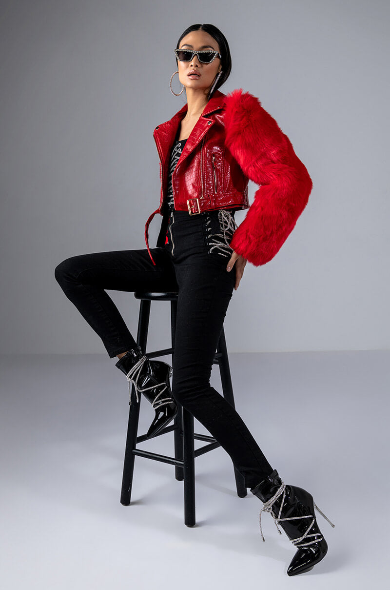 Detail View Azalea Wang Red Nolla Faux Fur Arms Croc Moto Jacket
