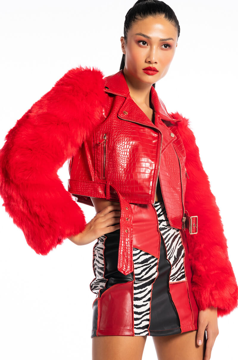 Detail View Azalea Wang Red Nolla Faux Fur Arms Croc Moto Jacket