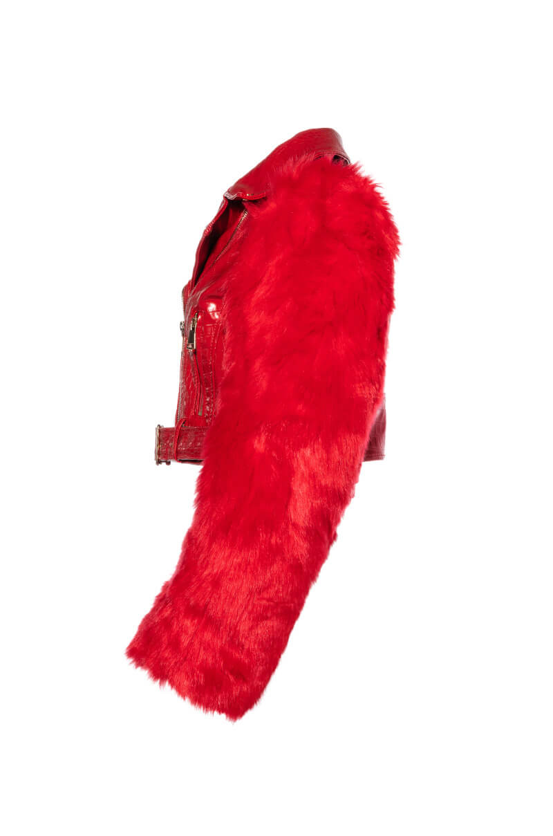 Detail View Azalea Wang Red Nolla Faux Fur Arms Croc Moto Jacket
