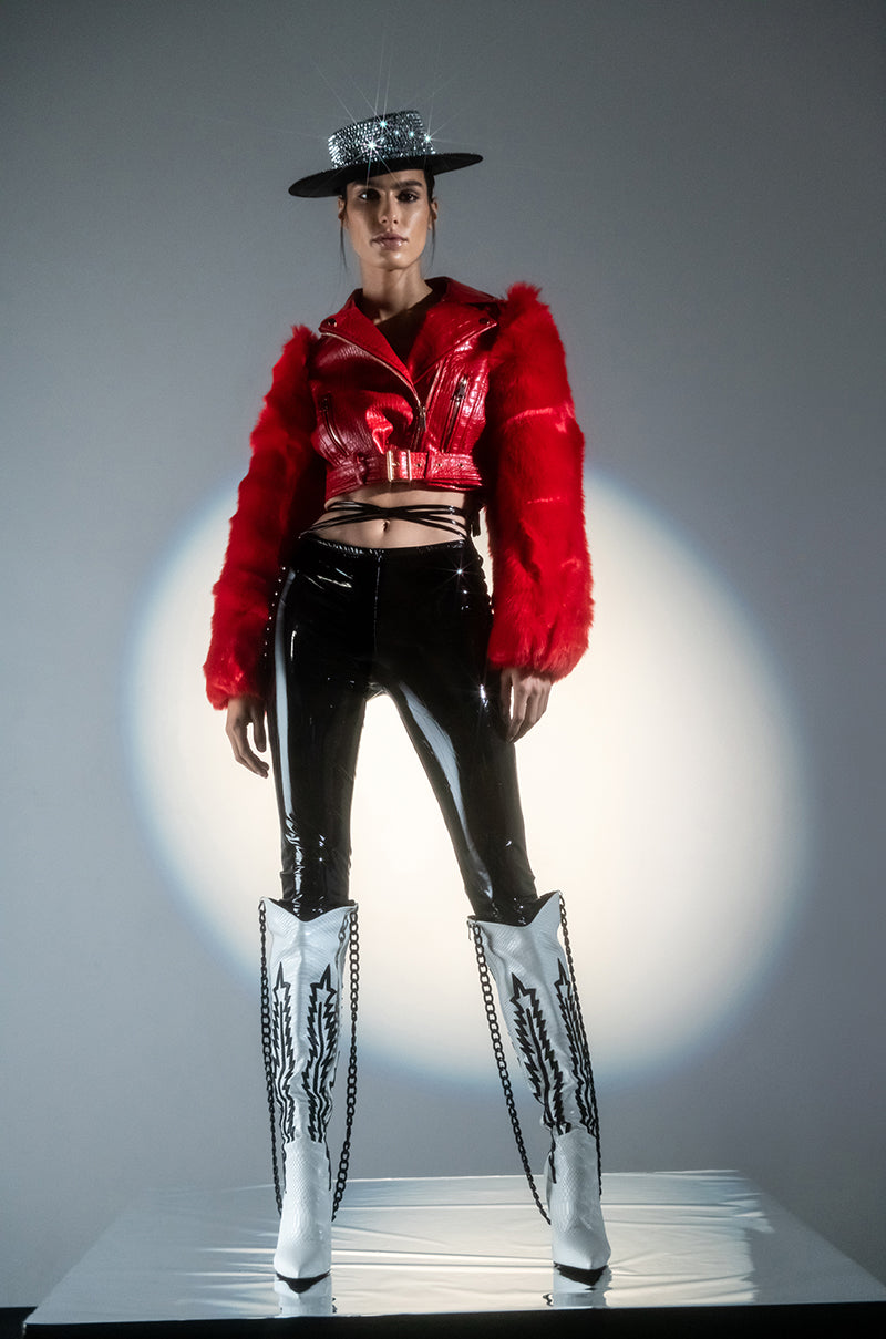 Extra View Azalea Wang Red Nolla Faux Fur Arms Croc Moto Jacket