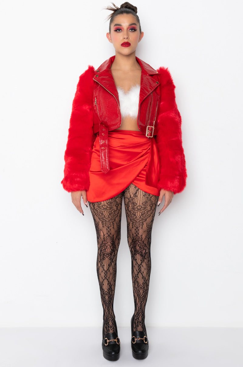 Extra View Azalea Wang Red Nolla Faux Fur Arms Croc Moto Jacket