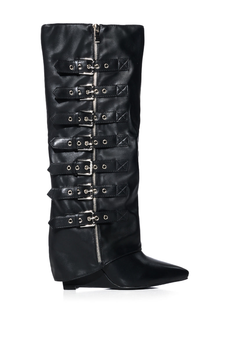 Side View Azalea Wang Reno Buckle Detail Wedge Boot In Black