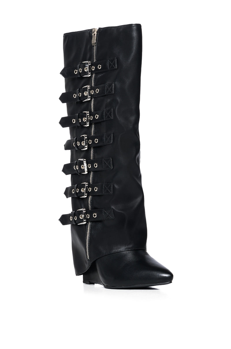 Back View Azalea Wang Reno Buckle Detail Wedge Boot In Black