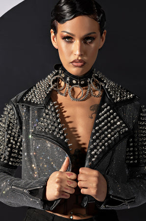 RHINESTONE BOMB CROP MOTO JACKET – AKIRA