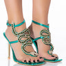 Front View Azalea Wang Rhinestone Cobra Stiletto Sandal In Green