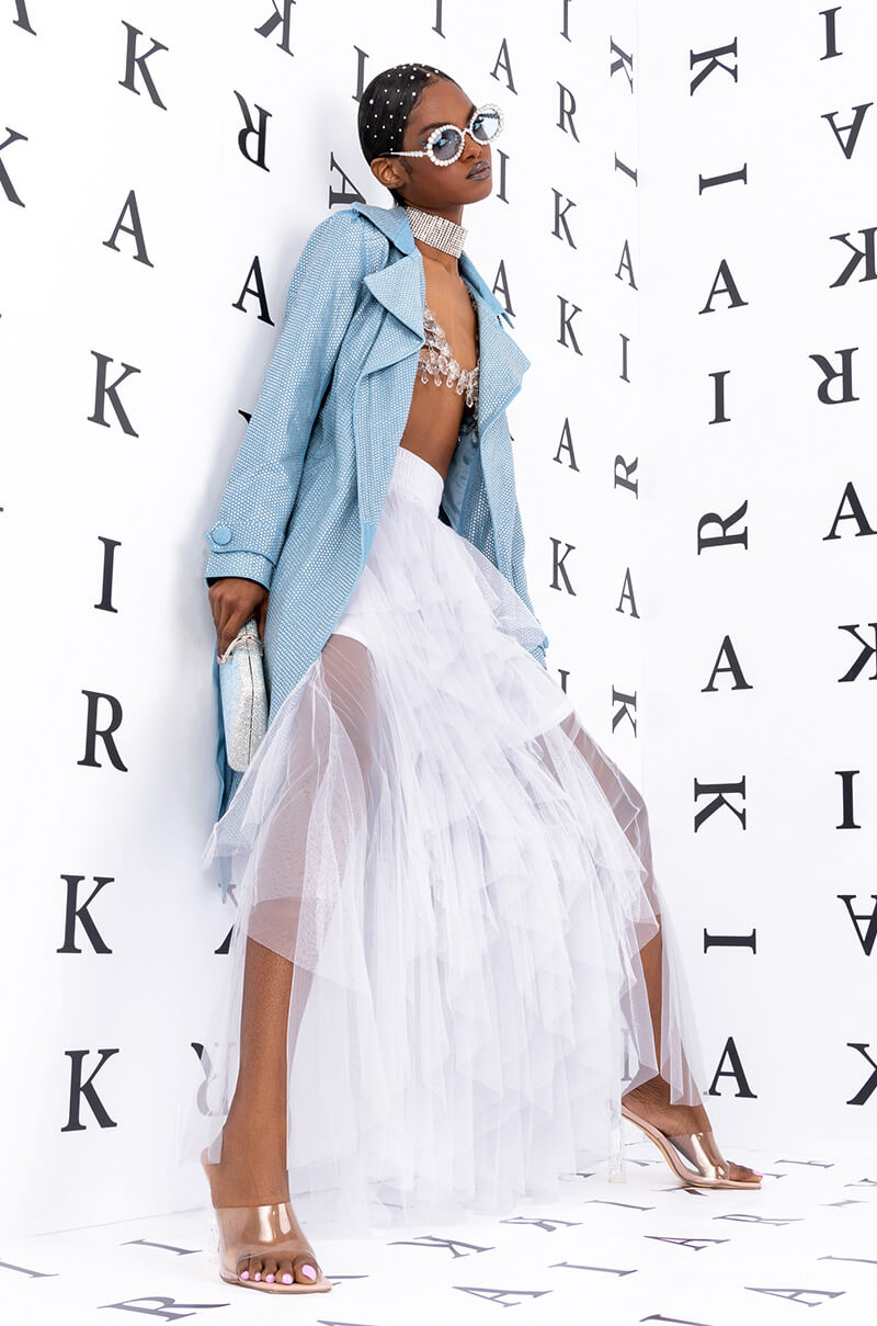 Front View Azalea Wang Rhinestone Covered Denim Trench Jacket