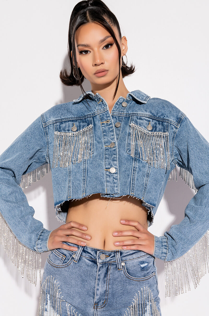 Front View Azalea Wang Rhinestone Cowboy Fringe Denim Jacket