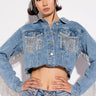 Front View Azalea Wang Rhinestone Cowboy Fringe Denim Jacket