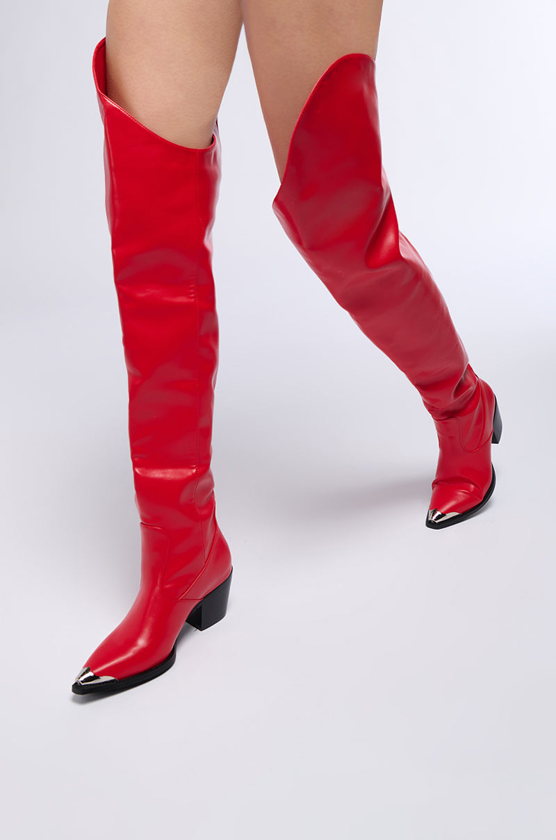 Front View Azalea Wang Ria Over The Thigh Western Boot In Red