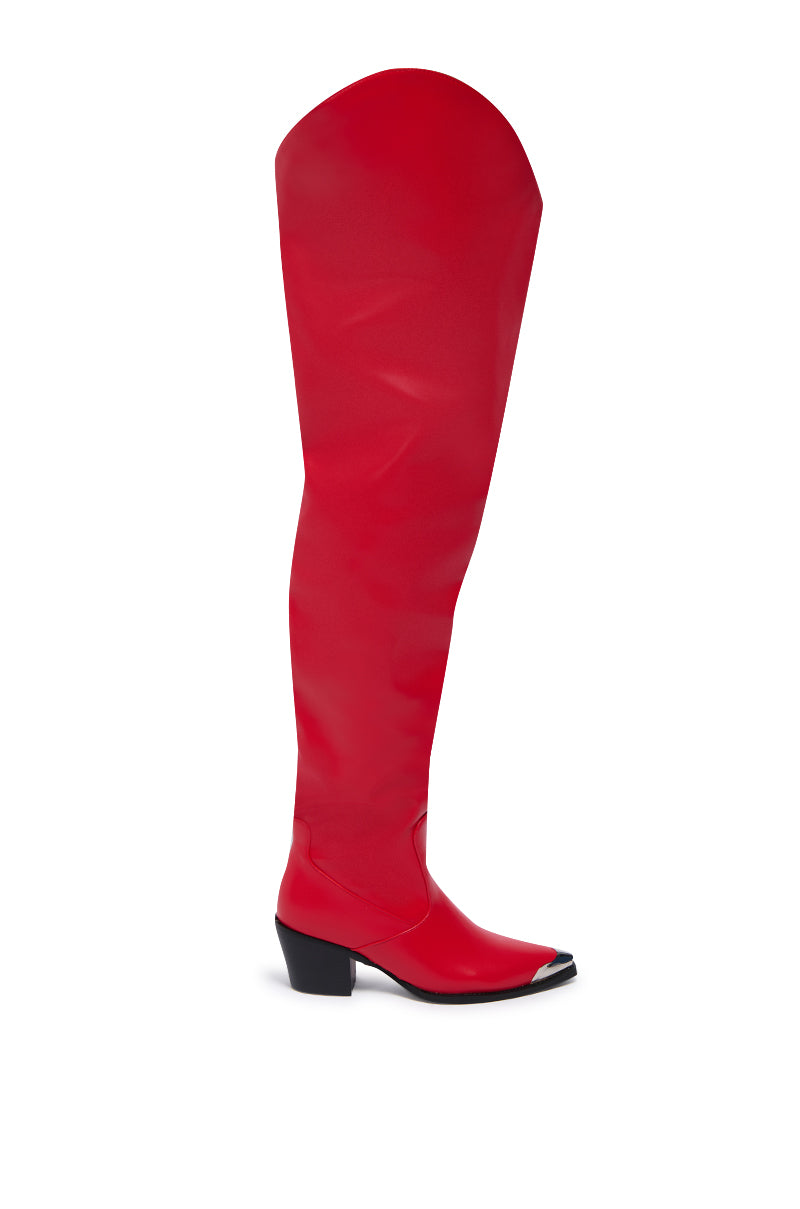 Side View Azalea Wang Ria Over The Thigh Western Boot In Red